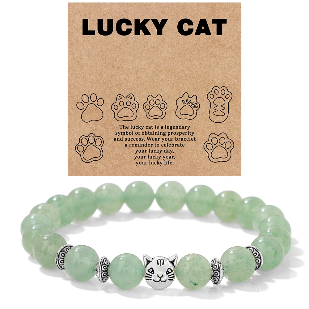 Natural Stone Citrines Beaded Bracelet Lucky Cat Head Charm Fluorite Moss Agates Bracelets for Women Men Cute Handmade Jewelry