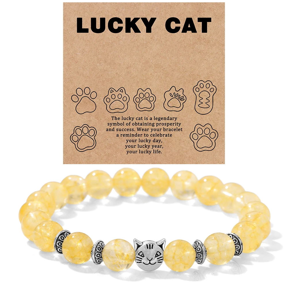 Natural Stone Citrines Beaded Bracelet Lucky Cat Head Charm Fluorite Moss Agates Bracelets for Women Men Cute Handmade Jewelry
