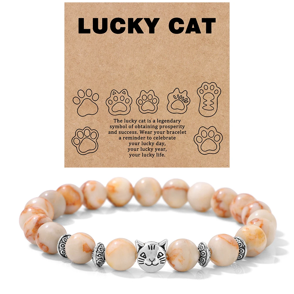 Natural Stone Citrines Beaded Bracelet Lucky Cat Head Charm Fluorite Moss Agates Bracelets for Women Men Cute Handmade Jewelry