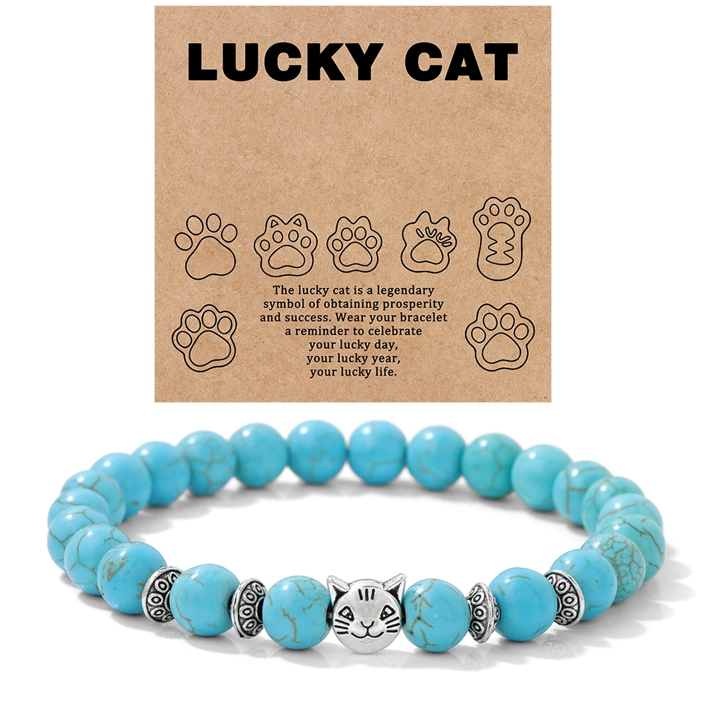 Natural Stone Citrines Beaded Bracelet Lucky Cat Head Charm Fluorite Moss Agates Bracelets for Women Men Cute Handmade Jewelry