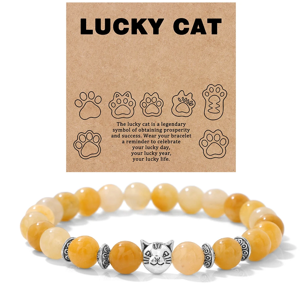 Natural Stone Citrines Beaded Bracelet Lucky Cat Head Charm Fluorite Moss Agates Bracelets for Women Men Cute Handmade Jewelry