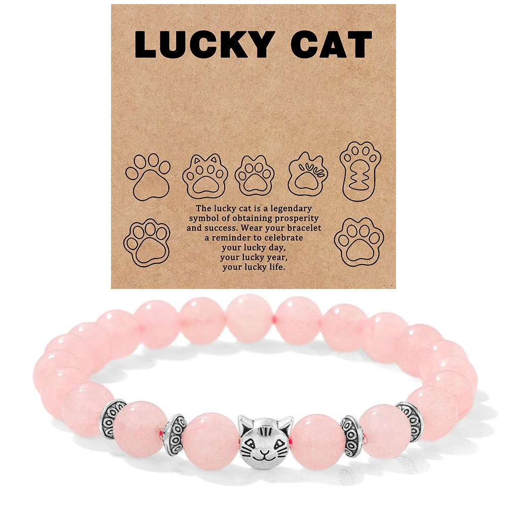 Natural Stone Citrines Beaded Bracelet Lucky Cat Head Charm Fluorite Moss Agates Bracelets for Women Men Cute Handmade Jewelry