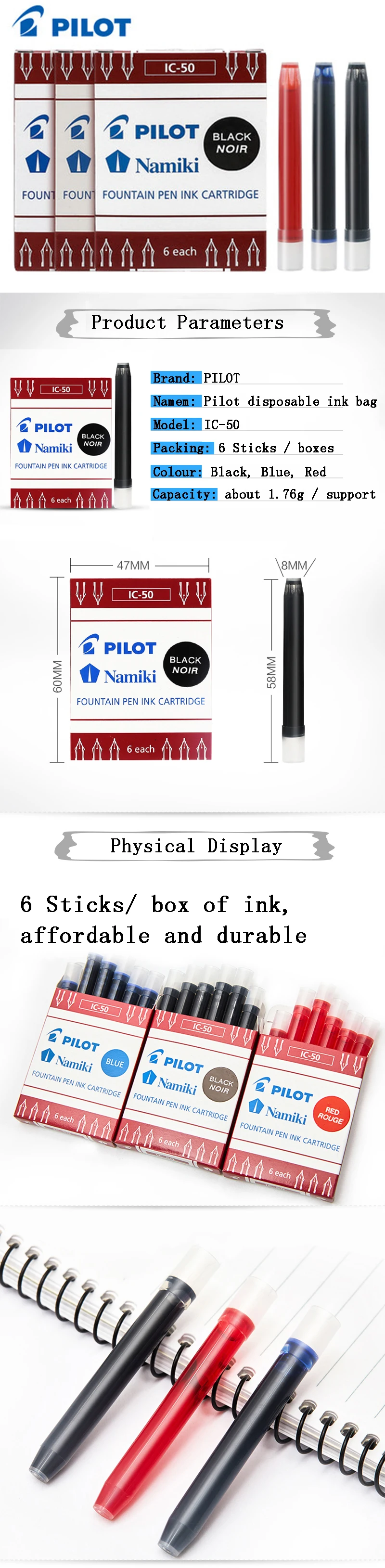 6Pcs/Box Japan Pilot Fountain Pen Ink Bladder IC-50 Waterproof Ink Non-carbon Ink Gall for Smiley Face 78g/88g Fountain Pens