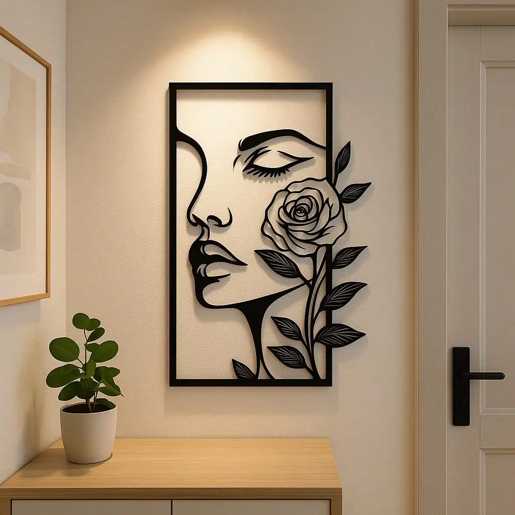 1pc Woman Flower Metal Wall Art Decor Modern Home Gift Aesthetic Portrait Face Outline Bedroom Room Decor