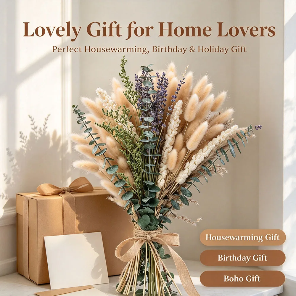 70pcs Natural Dried Flowers Green Fresh Eucalyptus Leave Bouquet Boho Chic Home Table Vase Decor Real Pampas Bunch Centerpieces