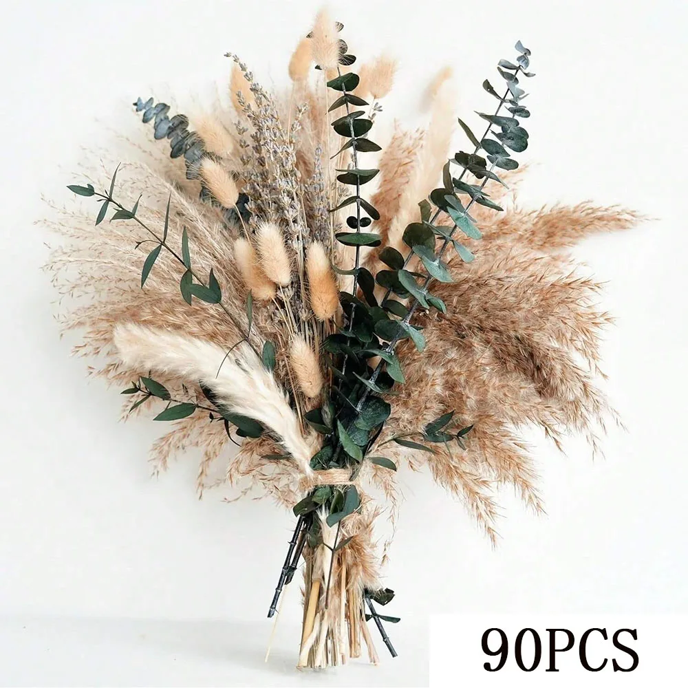 70pcs Natural Dried Flowers Green Fresh Eucalyptus Leave Bouquet Boho Chic Home Table Vase Decor Real Pampas Bunch Centerpieces