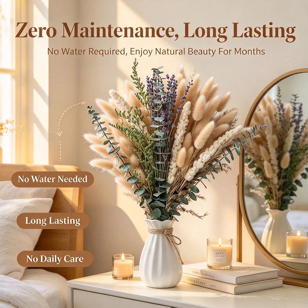 70pcs Natural Dried Flowers Green Fresh Eucalyptus Leave Bouquet Boho Chic Home Table Vase Decor Real Pampas Bunch Centerpieces