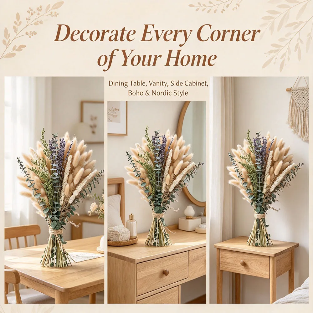 70pcs Natural Dried Flowers Green Fresh Eucalyptus Leave Bouquet Boho Chic Home Table Vase Decor Real Pampas Bunch Centerpieces