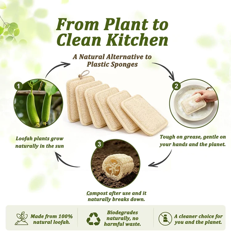Natural Loofah Sponge Scrubber Reusable Plant Fiber Dish Washing Pad Oil Stain Remover For Kitchen Cleaner With Rope
