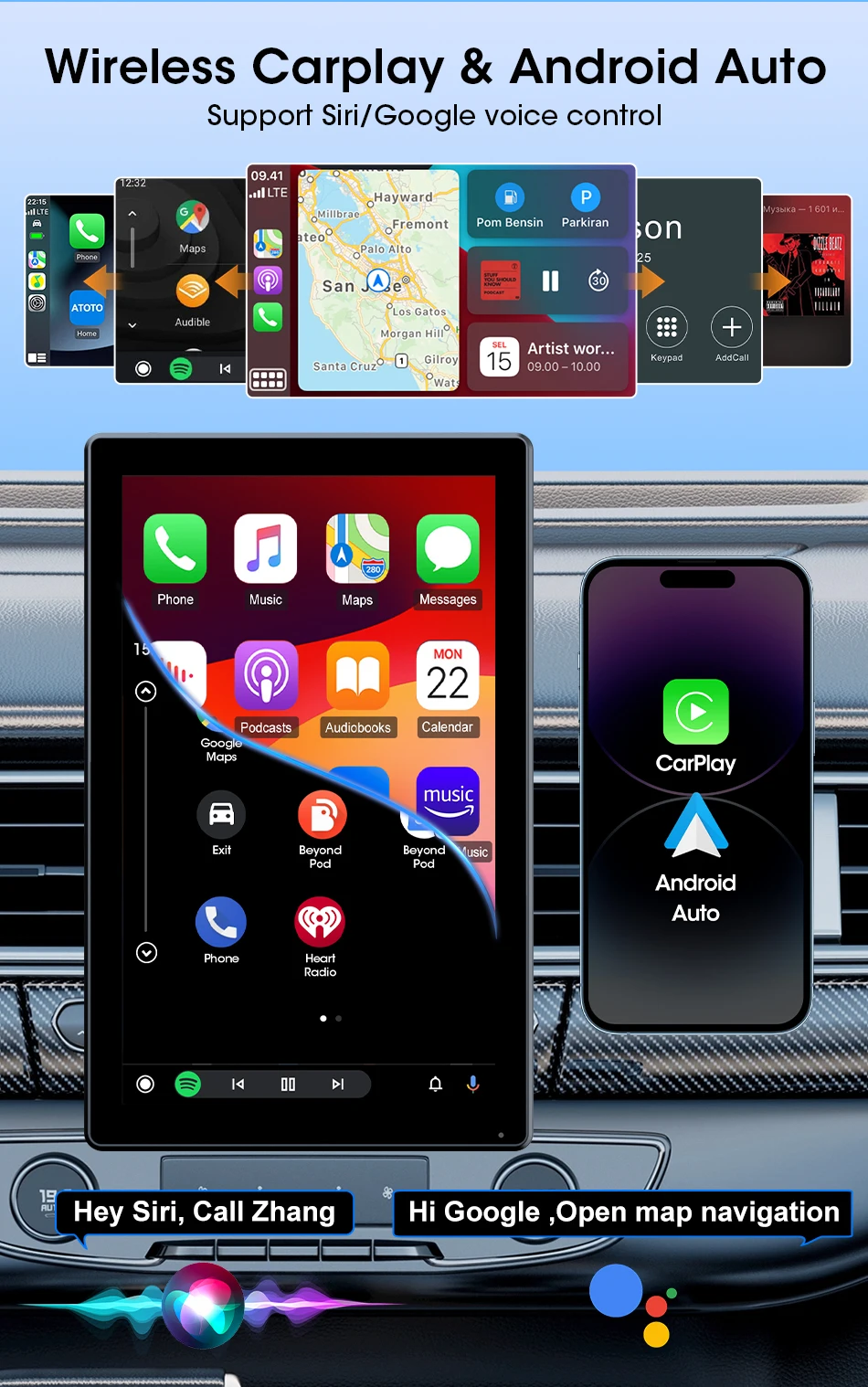 7/8/9'' Support Orientation & Portrait Car Mirror Radio Wireless Carplay Android Auto Multimedia Video Player Universal Screen