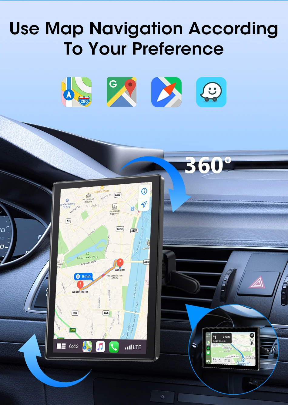 7/8/9'' Support Orientation & Portrait Car Mirror Radio Wireless Carplay Android Auto Multimedia Video Player Universal Screen