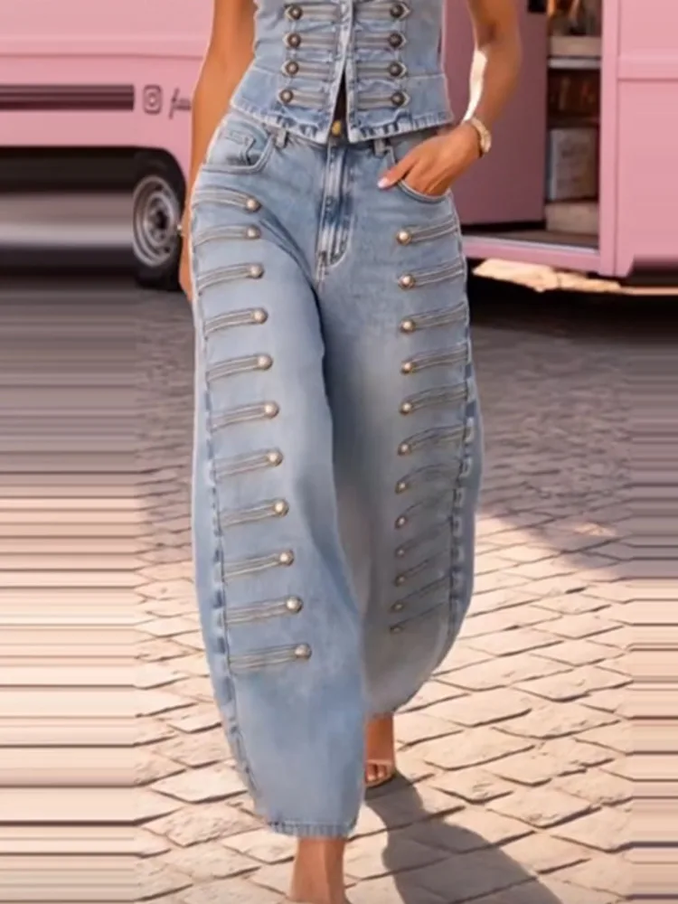 SHENGPALAE Women Denim Two Piece Set Sleeveless Vest Wide Leg Pants Rivet Decor Vintage Streetwear Trendy Autumn 2026 New