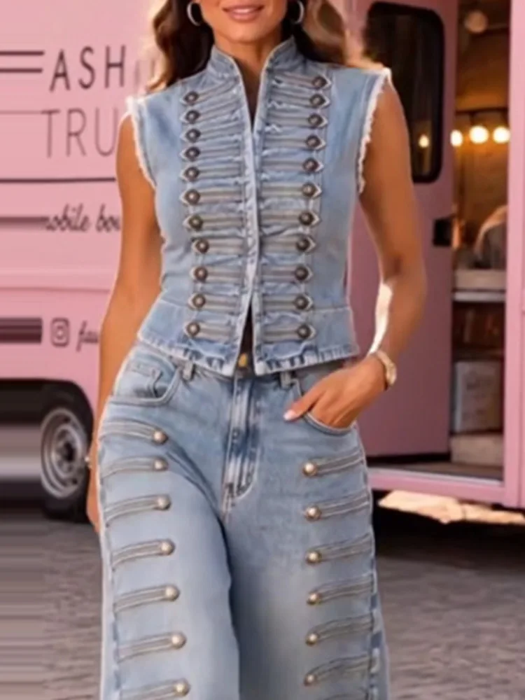 SHENGPALAE Women Denim Two Piece Set Sleeveless Vest Wide Leg Pants Rivet Decor Vintage Streetwear Trendy Autumn 2026 New