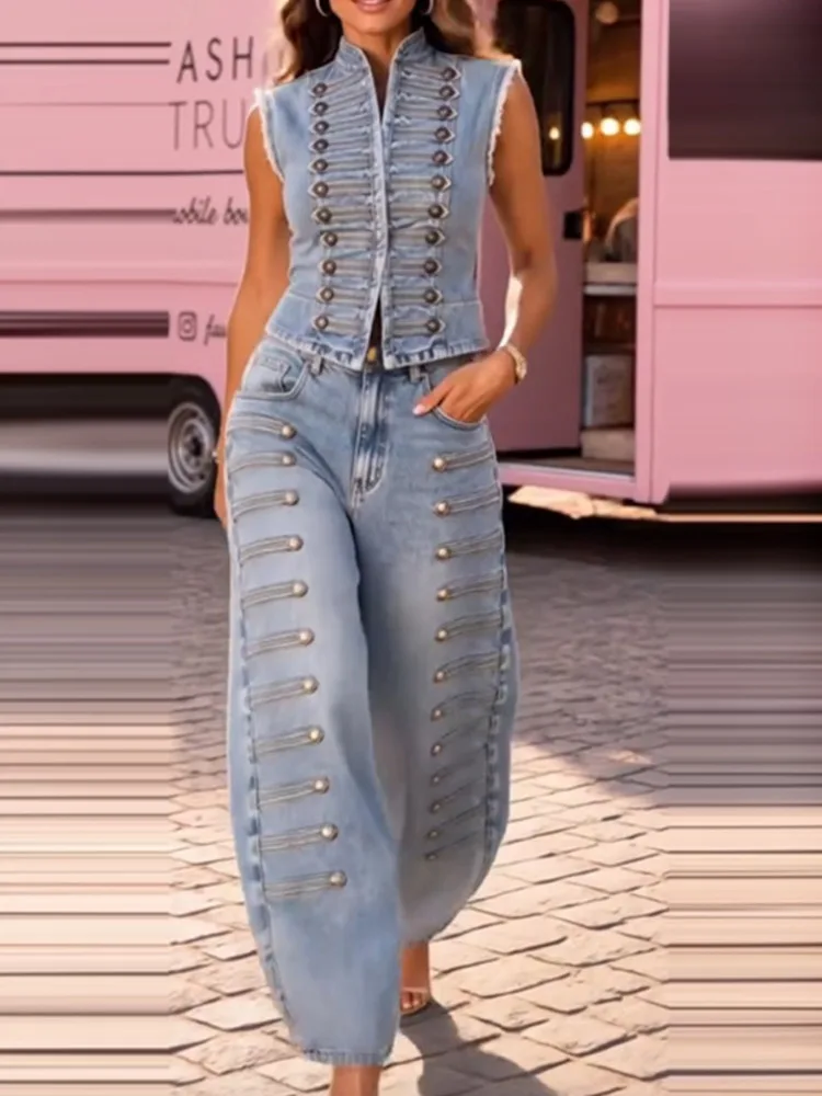 SHENGPALAE Women Denim Two Piece Set Sleeveless Vest Wide Leg Pants Rivet Decor Vintage Streetwear Trendy Autumn 2026 New