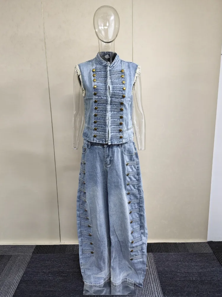 SHENGPALAE Women Denim Two Piece Set Sleeveless Vest Wide Leg Pants Rivet Decor Vintage Streetwear Trendy Autumn 2026 New