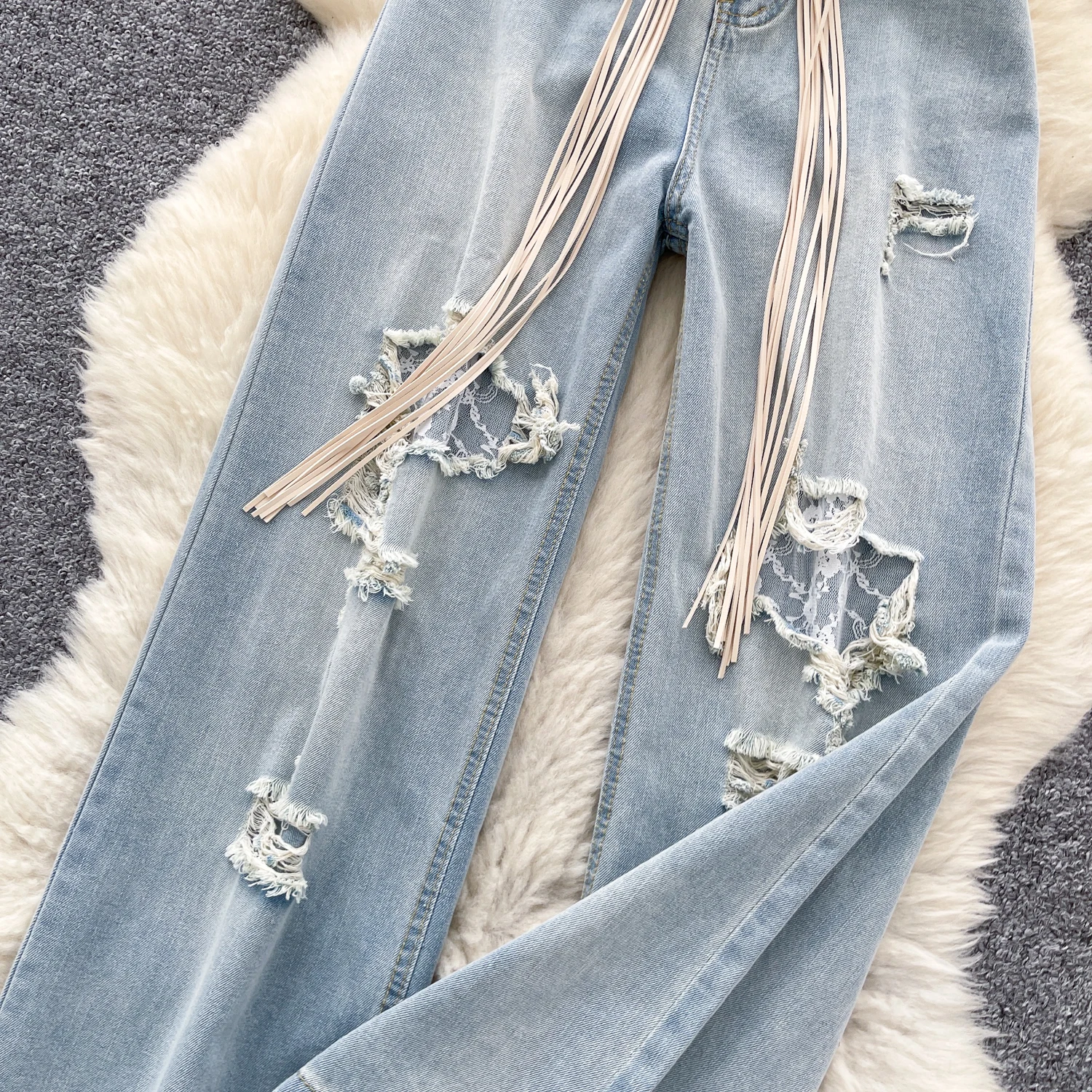SINGREINY Fashion Korean Casual Long Pants Female High Waist Hole Lace Splice Denim Trousers Streetwear Loose Wide Legs Jeans