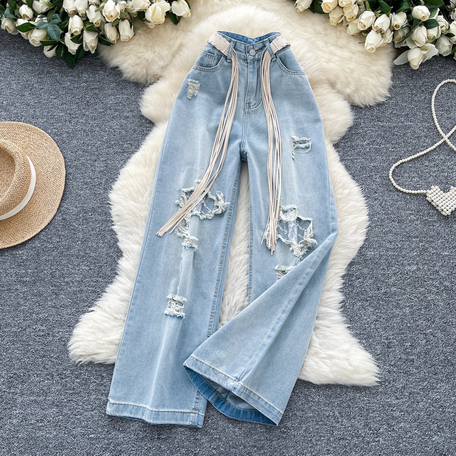 SINGREINY Fashion Korean Casual Long Pants Female High Waist Hole Lace Splice Denim Trousers Streetwear Loose Wide Legs Jeans