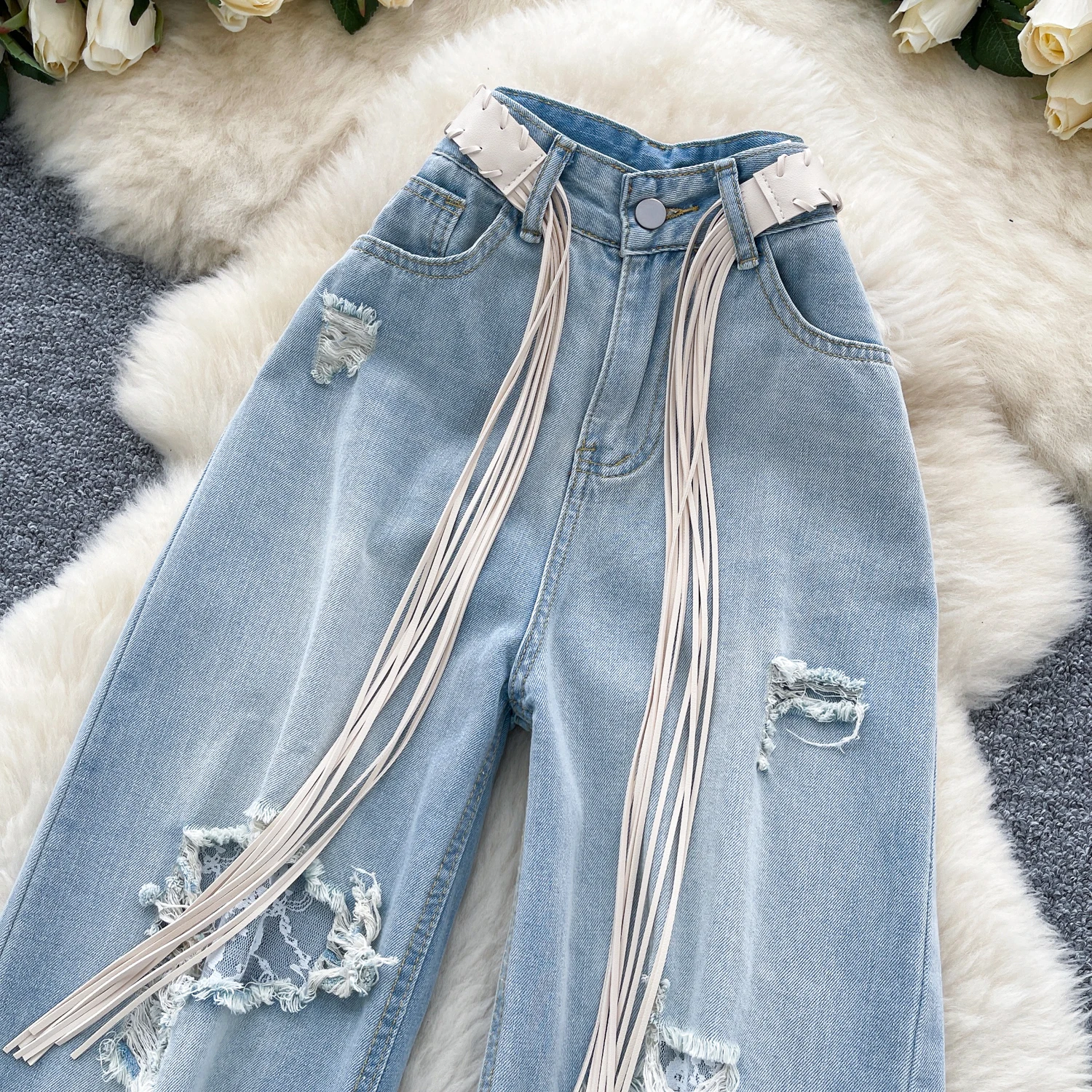 SINGREINY Fashion Korean Casual Long Pants Female High Waist Hole Lace Splice Denim Trousers Streetwear Loose Wide Legs Jeans