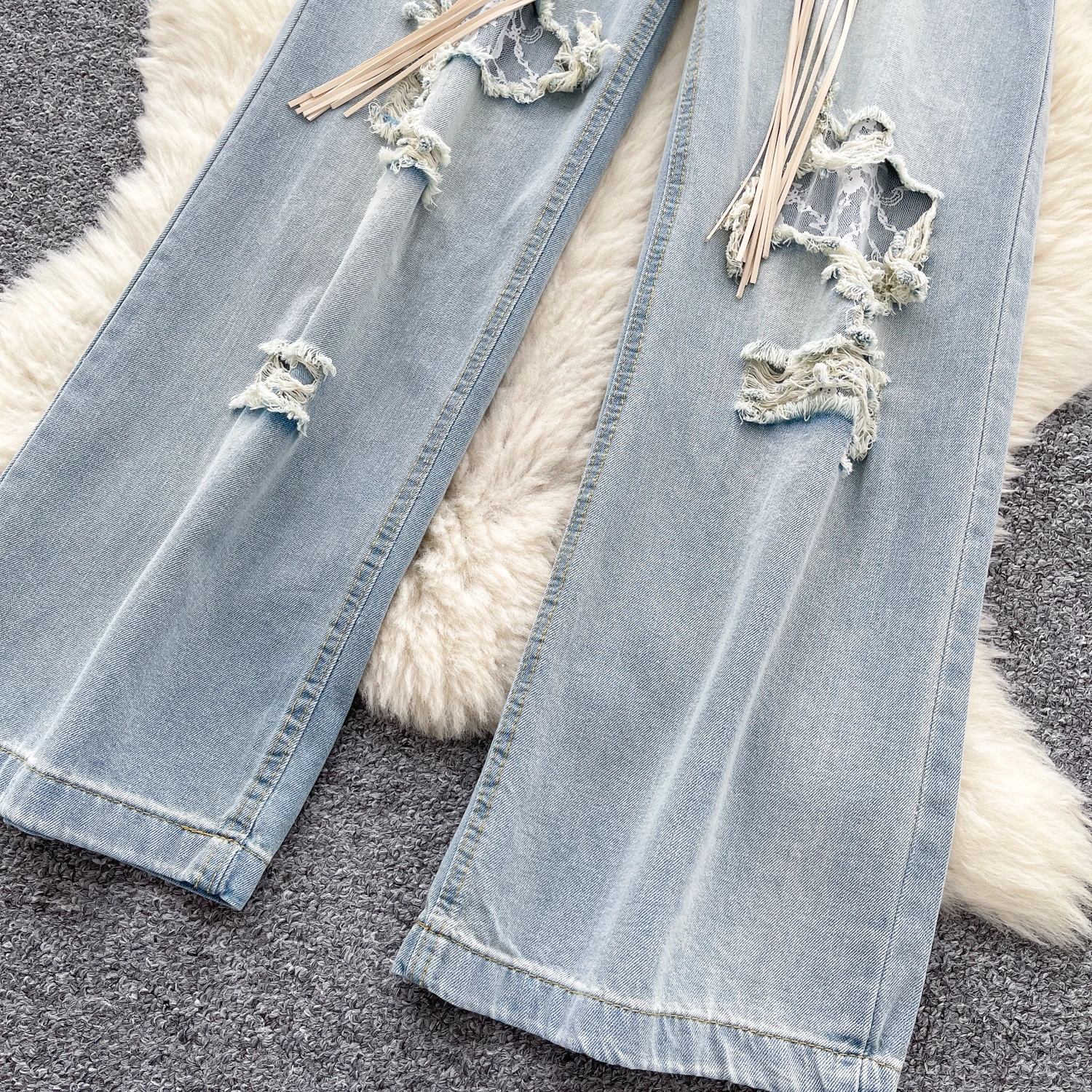 SINGREINY Fashion Korean Casual Long Pants Female High Waist Hole Lace Splice Denim Trousers Streetwear Loose Wide Legs Jeans