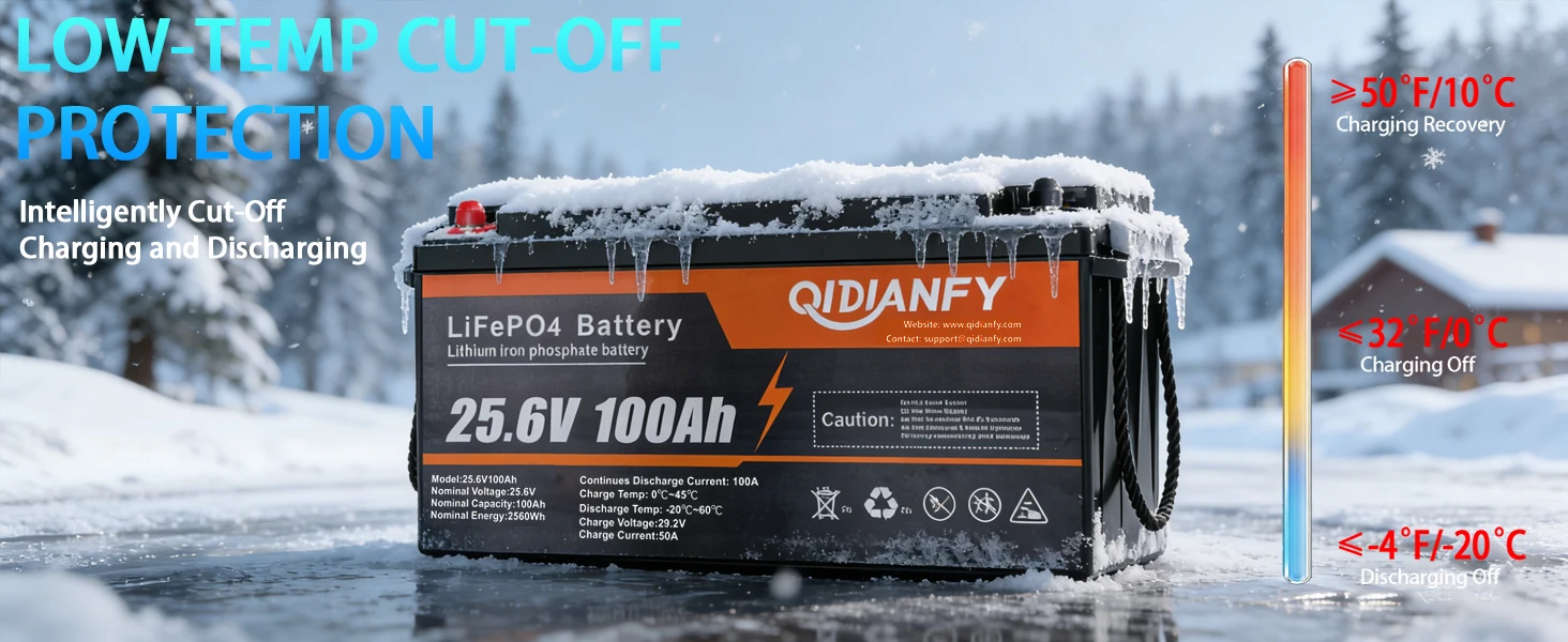 Qidianfy 24V 100Ah/200Ah LiFePO4 Lithium Battery Built in 100A BMS 2560W Deep Cycles for RV Marine Camping Home Power Supply Off-Grid