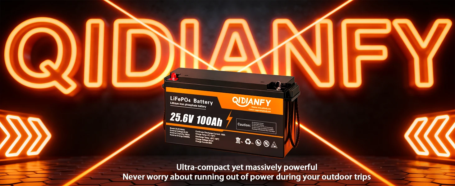 Qidianfy 24V 100Ah/200Ah LiFePO4 Lithium Battery Built in 100A BMS 2560W Deep Cycles for RV Marine Camping Home Power Supply Off-Grid