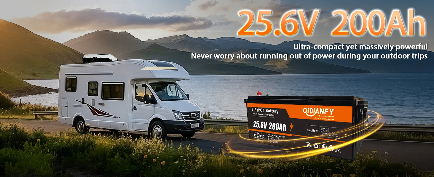 Qidianfy 24V 100Ah/200Ah LiFePO4 Lithium Battery Built in 100A BMS 2560W Deep Cycles for RV Marine Camping Home Power Supply Off-Grid