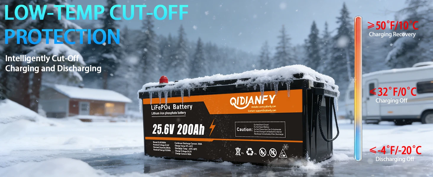 Qidianfy 24V 100Ah/200Ah LiFePO4 Lithium Battery Built in 100A BMS 2560W Deep Cycles for RV Marine Camping Home Power Supply Off-Grid