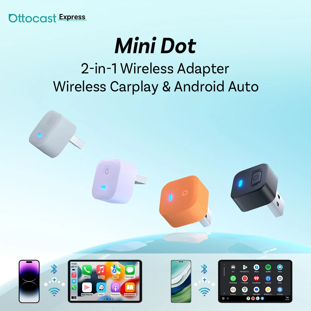 Ottocast Mini 2 Wireless Carplay Adapter Converter Mini CP AA Upgrade Device Wi-Fi6 BT5.4 Dual Channel Plug&Play Smart Pairing
