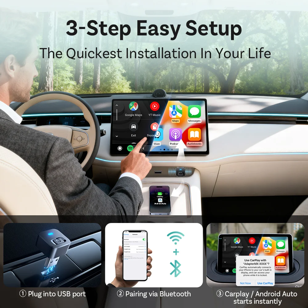 Ottocast Mini 2 Wireless Carplay Adapter Converter Mini CP AA Upgrade Device Wi-Fi6 BT5.4 Dual Channel Plug&Play Smart Pairing