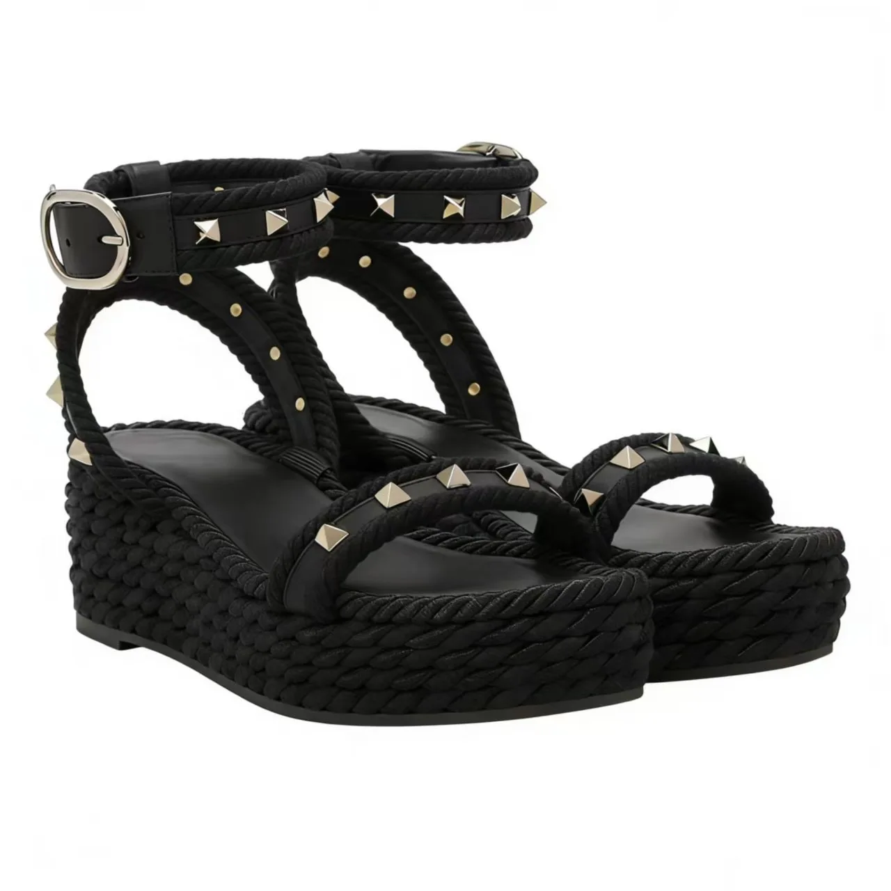 2026 Spring/Summer New Wedge Heel Studded Roman Platform Ankle Strap Thick Sole Casual Versatile Beach Sandals For Women