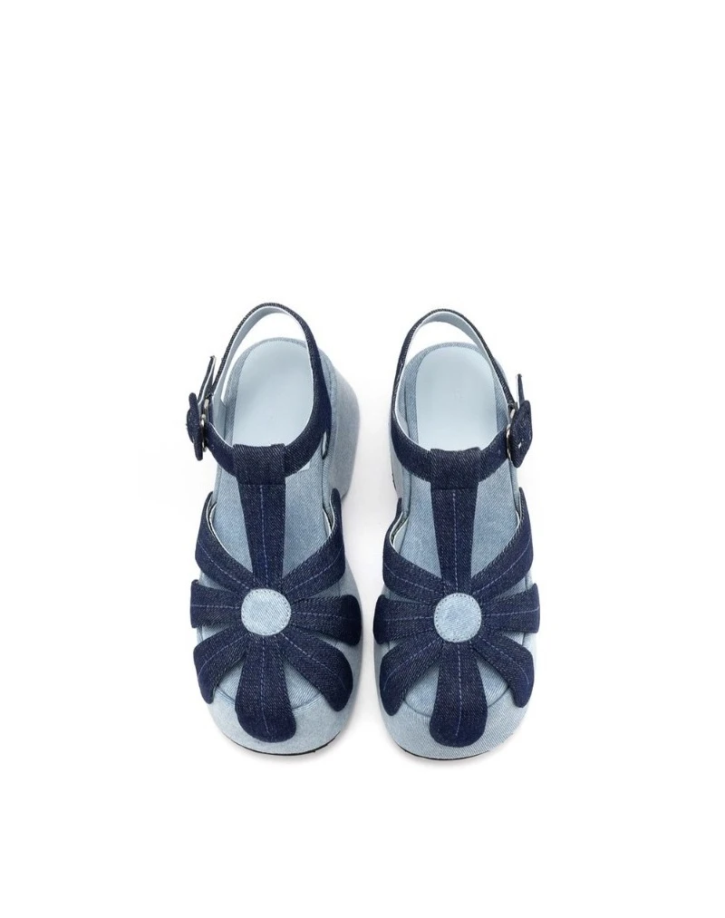 High Quality Denim Platform Sandals Women Fashion T Strap Buckle Flower Decoration Designer Shoe Summer Sexy Open Toe Beach Shoe