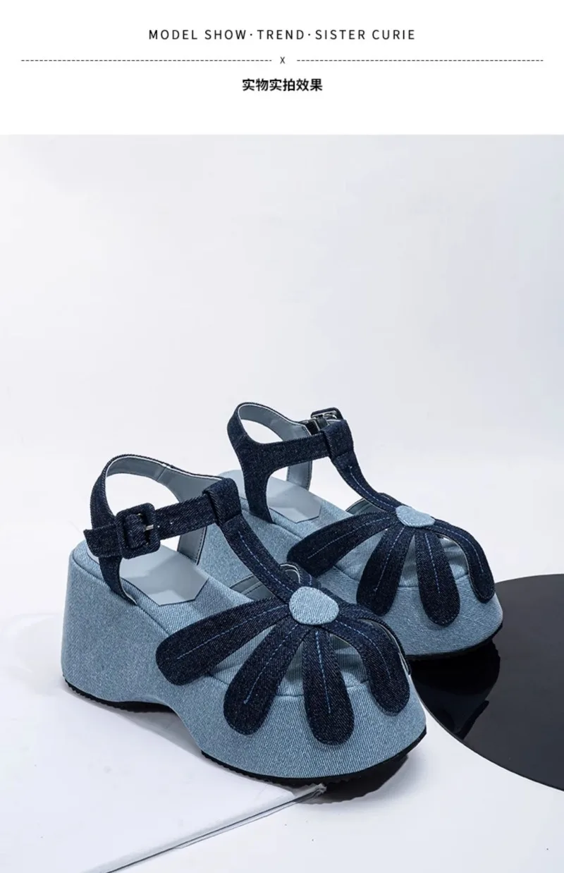 High Quality Denim Platform Sandals Women Fashion T Strap Buckle Flower Decoration Designer Shoe Summer Sexy Open Toe Beach Shoe