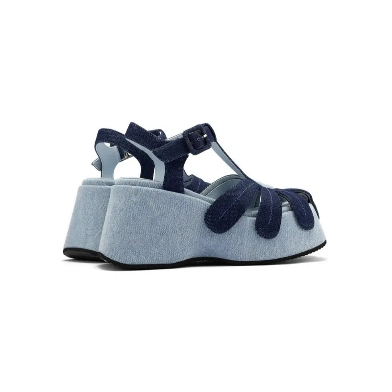 High Quality Denim Platform Sandals Women Fashion T Strap Buckle Flower Decoration Designer Shoe Summer Sexy Open Toe Beach Shoe