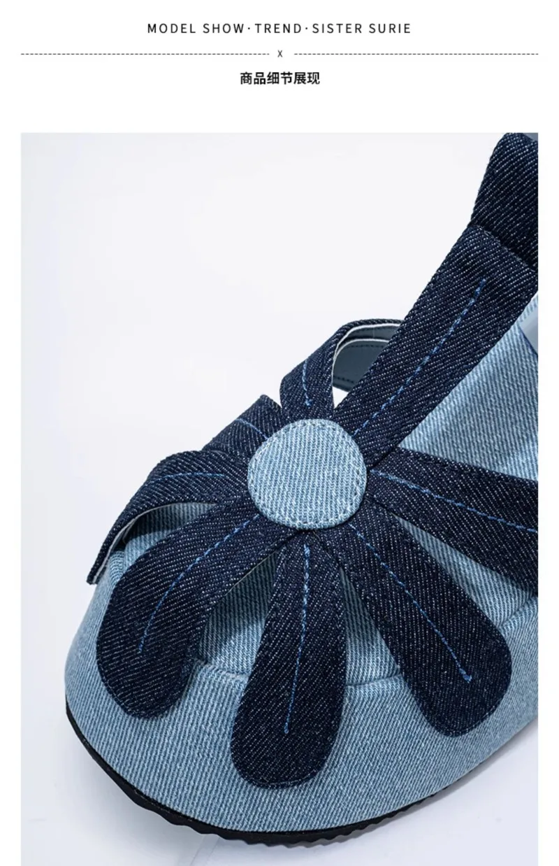High Quality Denim Platform Sandals Women Fashion T Strap Buckle Flower Decoration Designer Shoe Summer Sexy Open Toe Beach Shoe