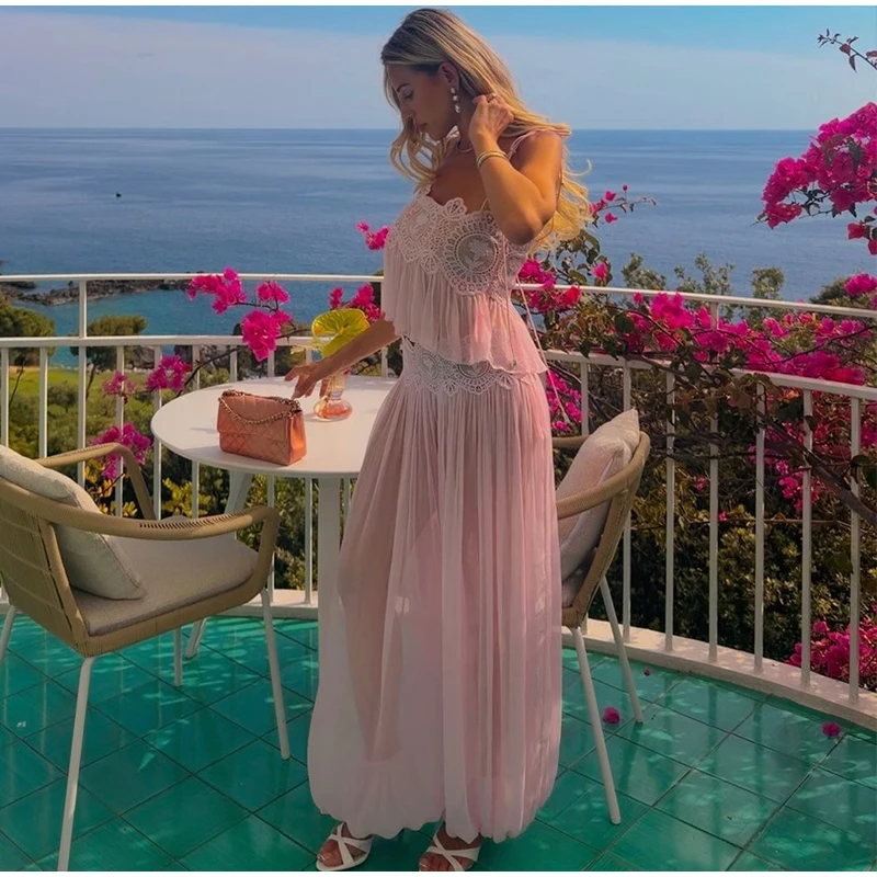 Elegant Lace Women Long Pant Set Square Neck Sheer Ruffle Hem Crop Cami Top High Waist Wide Leg Trousers 2026 Summer Chic Suit