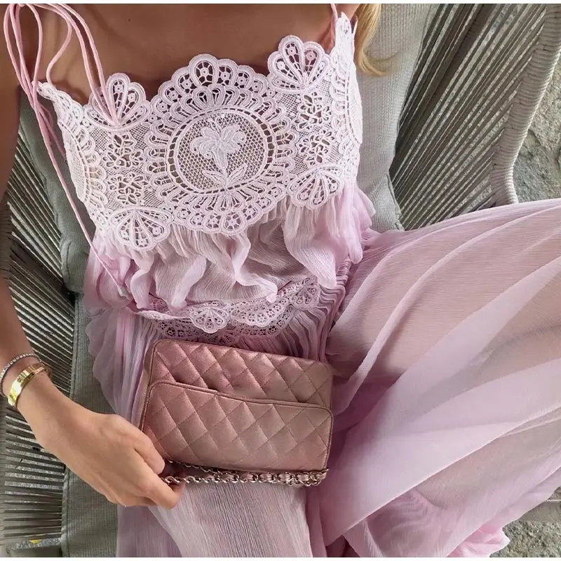 Elegant Lace Women Long Pant Set Square Neck Sheer Ruffle Hem Crop Cami Top High Waist Wide Leg Trousers 2026 Summer Chic Suit
