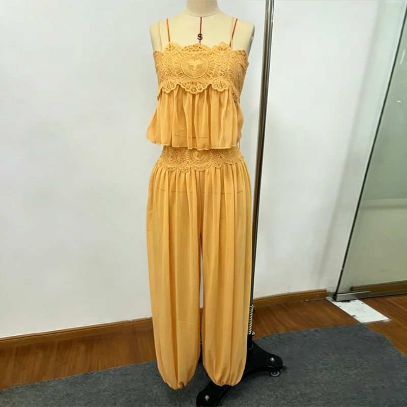 Elegant Lace Women Long Pant Set Square Neck Sheer Ruffle Hem Crop Cami Top High Waist Wide Leg Trousers 2026 Summer Chic Suit