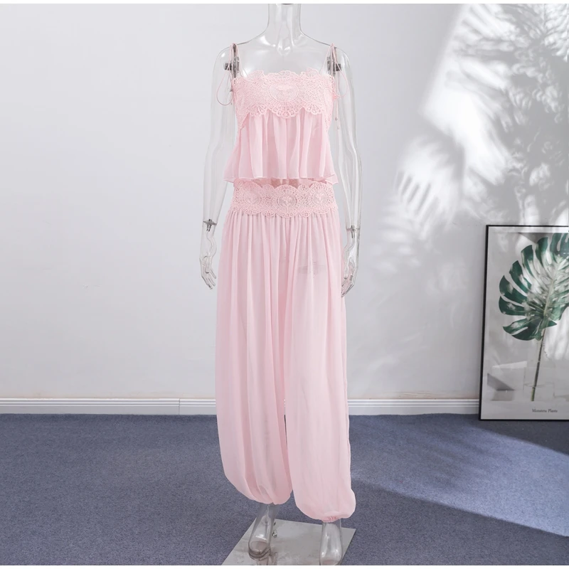Elegant Lace Women Long Pant Set Square Neck Sheer Ruffle Hem Crop Cami Top High Waist Wide Leg Trousers 2026 Summer Chic Suit