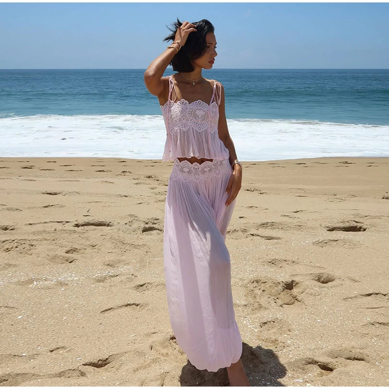 Elegant Lace Women Long Pant Set Square Neck Sheer Ruffle Hem Crop Cami Top High Waist Wide Leg Trousers 2026 Summer Chic Suit