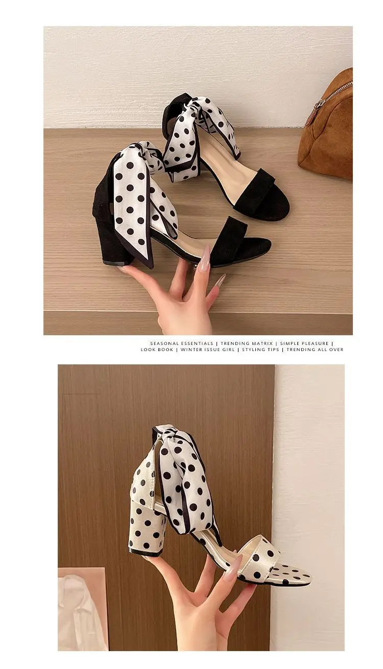 2026 Summer Sweet Polka-dot Bow Women's Sandals with Thick Heels and Open Toes and Non-slip Laces Plus Size Women's Shoes 35-42