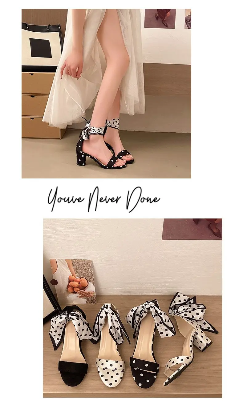 2026 Summer Sweet Polka-dot Bow Women's Sandals with Thick Heels and Open Toes and Non-slip Laces Plus Size Women's Shoes 35-42