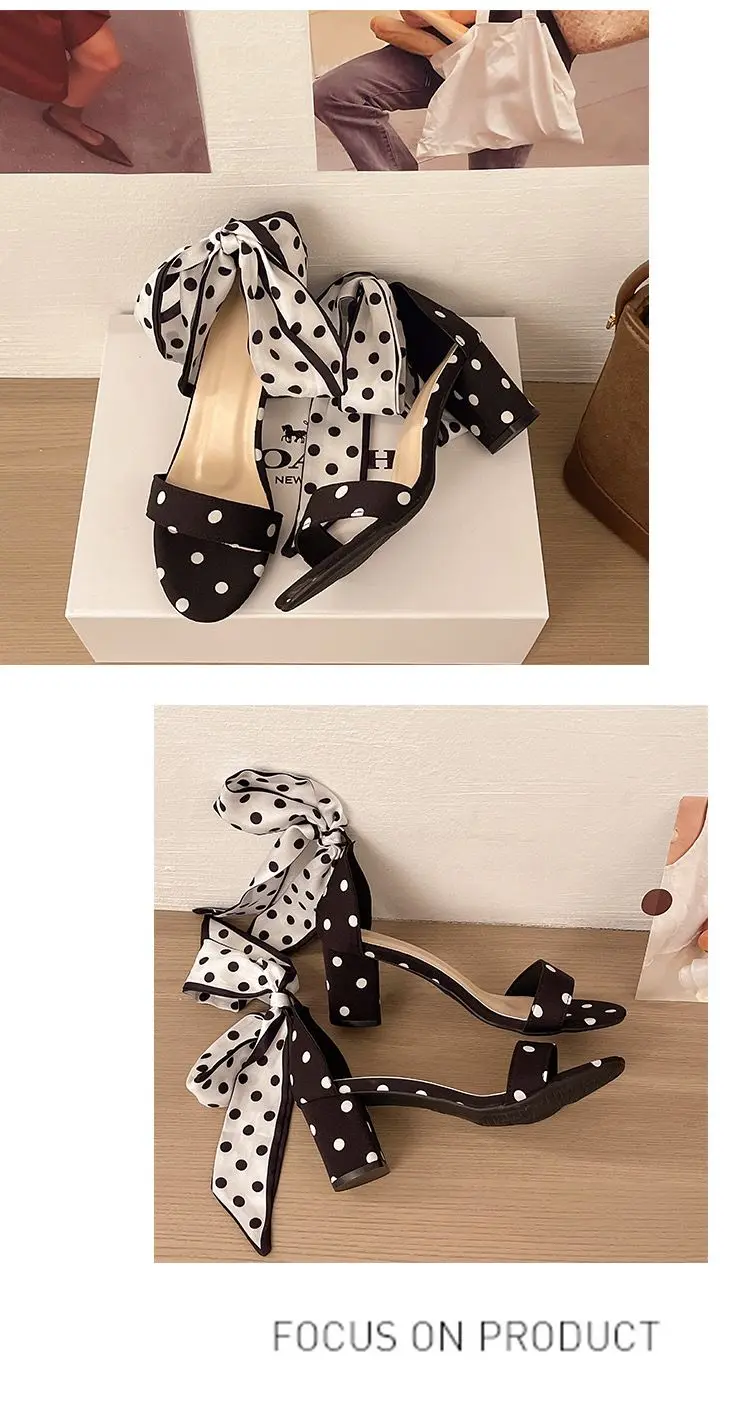2026 Summer Sweet Polka-dot Bow Women's Sandals with Thick Heels and Open Toes and Non-slip Laces Plus Size Women's Shoes 35-42