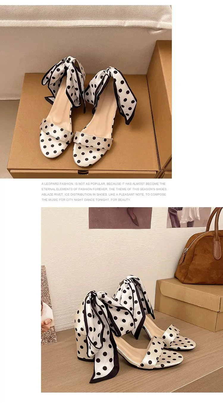 2026 Summer Sweet Polka-dot Bow Women's Sandals with Thick Heels and Open Toes and Non-slip Laces Plus Size Women's Shoes 35-42