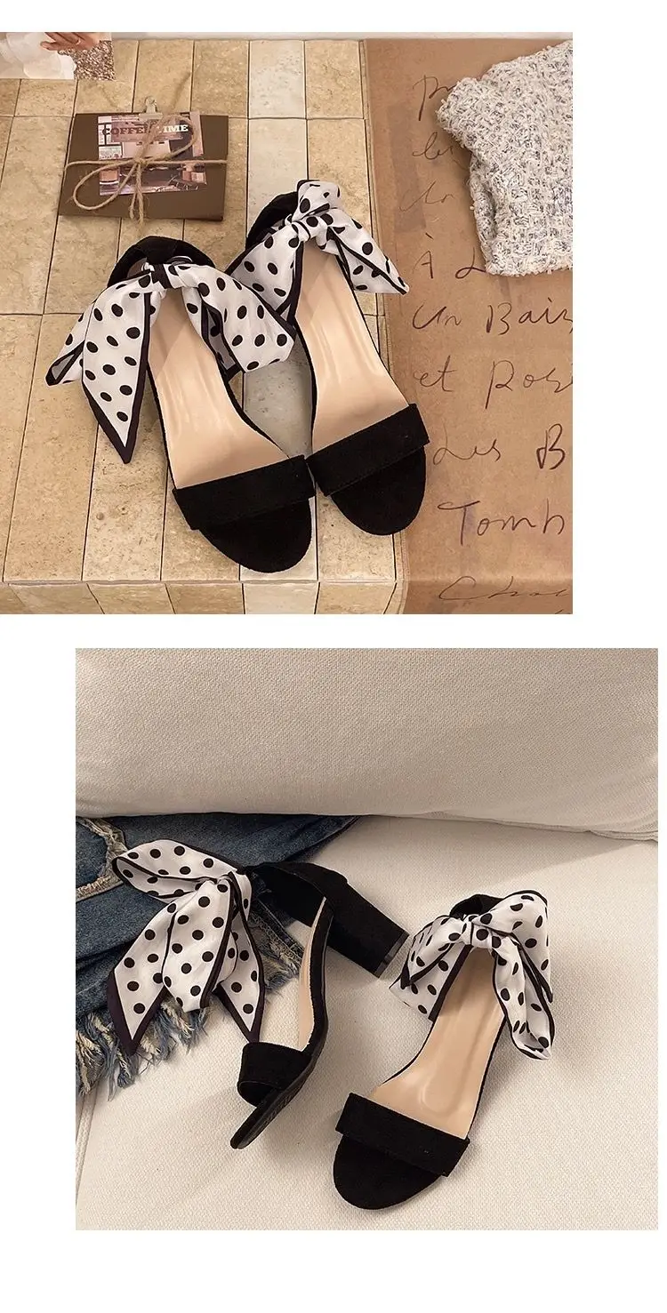 2026 Summer Sweet Polka-dot Bow Women's Sandals with Thick Heels and Open Toes and Non-slip Laces Plus Size Women's Shoes 35-42