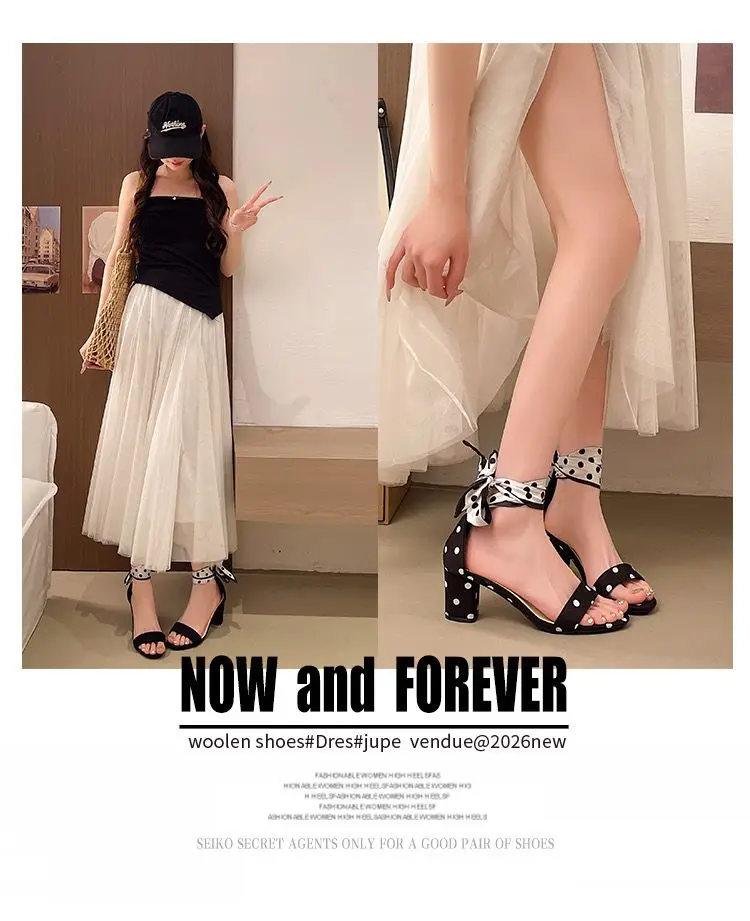 2026 Summer Sweet Polka-dot Bow Women's Sandals with Thick Heels and Open Toes and Non-slip Laces Plus Size Women's Shoes 35-42