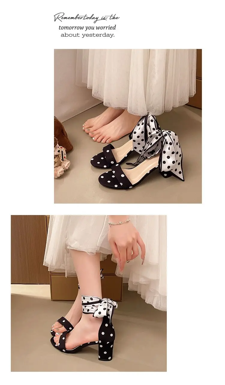 2026 Summer Sweet Polka-dot Bow Women's Sandals with Thick Heels and Open Toes and Non-slip Laces Plus Size Women's Shoes 35-42