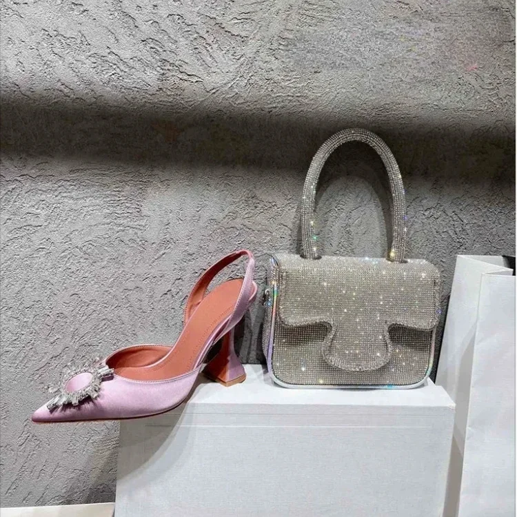 2024 New Silk Sunflower Crystal Diamond Buckle High Heels Horseshoe and Women's Sandals