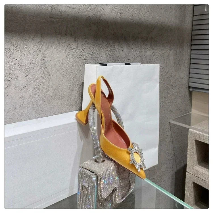2024 New Silk Sunflower Crystal Diamond Buckle High Heels Horseshoe and Women's Sandals