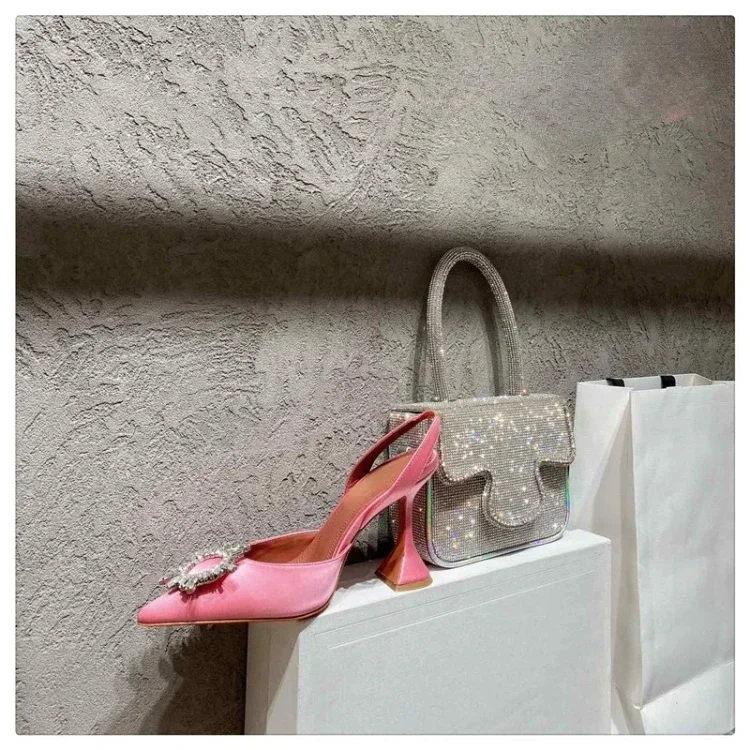 2024 New Silk Sunflower Crystal Diamond Buckle High Heels Horseshoe and Women's Sandals
