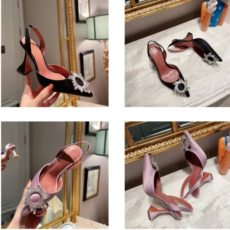 2024 New Silk Sunflower Crystal Diamond Buckle High Heels Horseshoe and Women's Sandals